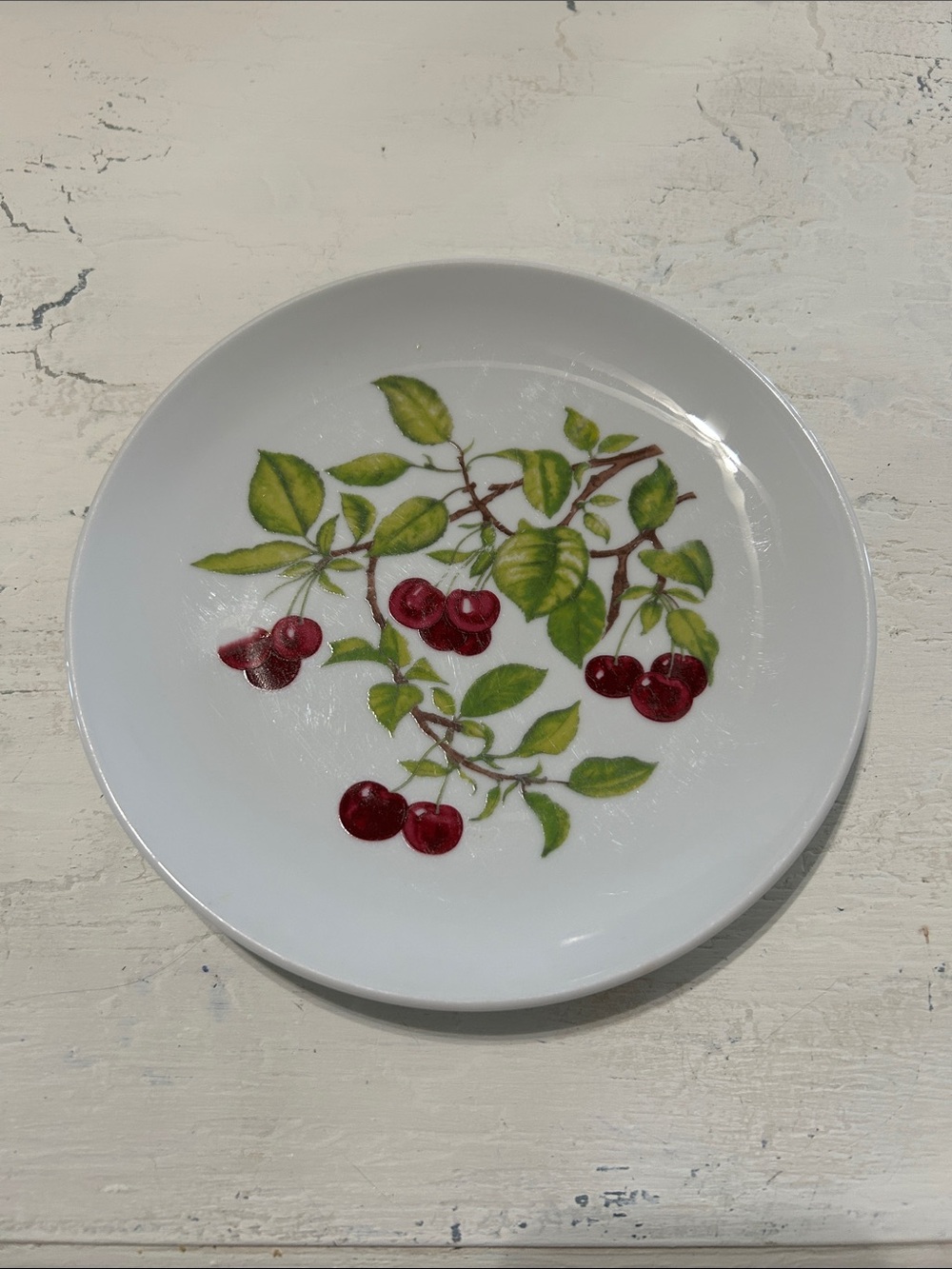 Vintage  Pillivuyt White Ceramic Cherry Dinner Plate with Red Cherry Motif